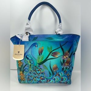 NWT - Anuschka Hand Painted Large Multi Compartment Tote Bag - Blue Peacock